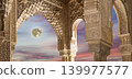 Arches in Islamic (Moorish) style (against the sunset) in Alhambra, Granada, Spain 139977577