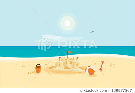 Sand Castle on Sandy Beach with Blue Sea Ocean and Clear Summer Sunny Sky 139977867