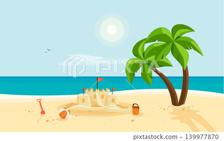 Sand Castle on Sandy Beach with Blue Sea Ocean and Clear Summer Sunny Sky Sand Castle on Sandy Beach with Blue Sea Ocean and Clear Summer Sunny Sky 139977870