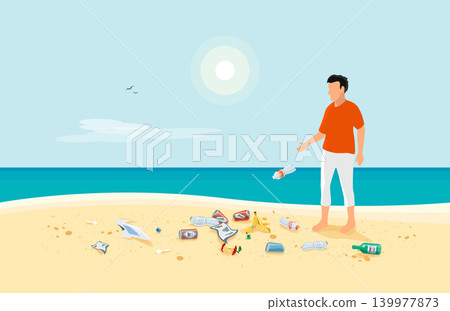 Person Throwing Away Waste Creating Pollution Trash on the Sea Sand Beach 139977873