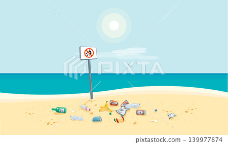 Garbage Pollution Trash on the Sea Sand Beach with No Littering Sign Garbage Pollution Trash on the Sea Sand Beach with No Littering Sign 139977874