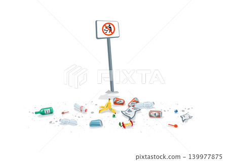 Isolated Garbage Pollution Trash on the Ground with No Littering Sign Isolated Garbage Pollution Trash on the Ground with No Littering Sign 139977875
