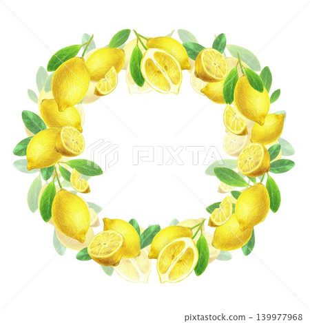 Hand drawn illustration round frame with yellow lemons and green leaves. Yellow lemons on a white background for graphic design. Colored pencil illustration frame on white background Hand drawn illustration round frame with yellow lemons and green leaves. Yellow lemons on a white background for graphic design. Colored pencil illustration frame on white background 139977968