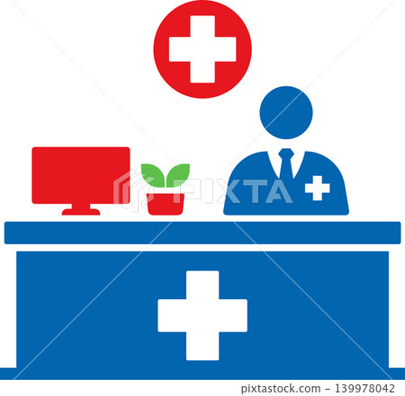 Hospital Reception Desk Icon with Doctor and Medical Cross Symbol 139978042