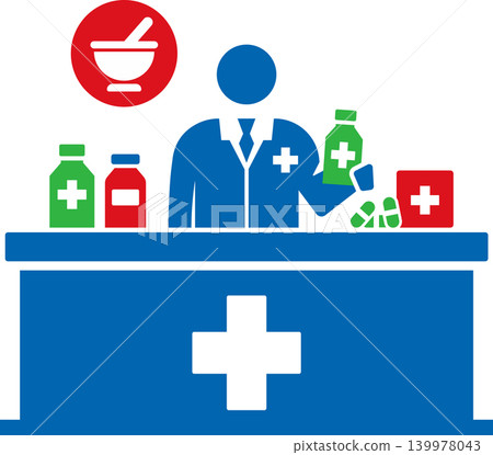 Hospital Pharmacy Counter Icon with Pharmacist and Medicine Bottles Hospital Pharmacy Counter Icon with Pharmacist and Medicine Bottles 139978043
