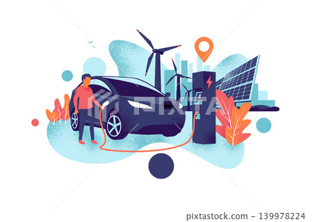 Man Charging an Electric Car with Solar Panels and Wind Power Station and City Skyline Grain Style 139978224