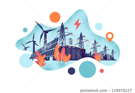 Renewable Solar and Wind Energy Battery Storage Smart Grid System with Power Lines 139978227