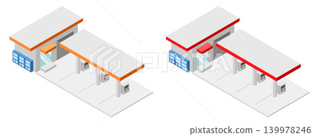 A set of illustrations of a gas station store and fuel pumps. 139978246