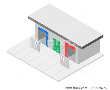 Isometric illustration of a public restroom with multi-purpose seating and wheelchair accessibility. Isometric illustration of a public restroom with multi-purpose seating and wheelchair accessibility. 139978247