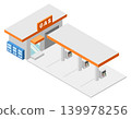 一張加油站的等距插圖，其特徵是橙色的屋頂。 139978256