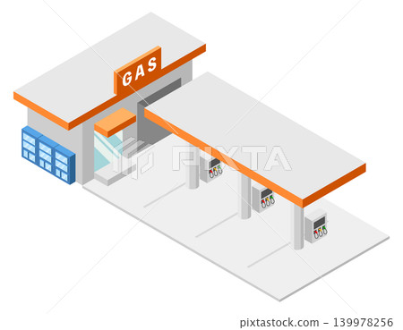 An isometric illustration of a gas station with a distinctive orange roof. An isometric illustration of a gas station with a distinctive orange roof. 139978256