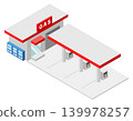 一個帶有附屬商店的紅色加油站的三維模型。 139978257