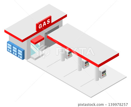 A three-dimensional representation of a red gas station with an attached shop. A three-dimensional representation of a red gas station with an attached shop. 139978257
