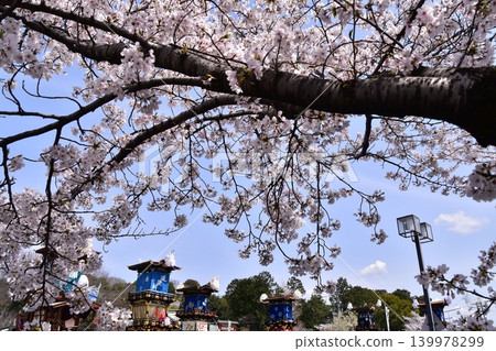 日本愛知縣犬山市:春季犬山祭,櫻花盛開;花車聚集在犬山城廣場前;機械木偶落成前的場景。 日本愛知縣犬山市:春季犬山祭,櫻花盛開;花車聚集在犬山城廣場前;機械木偶落成前的場景。 139978299