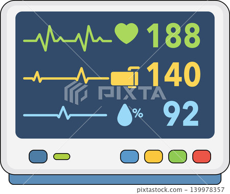 Medical Vital Signs Monitor Screen with Heart Rate Blood Pressure and Oxygen Level 139978357