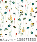 Seamless repeat pattern with hand drawn wildflowers and ladybugs on spring garden design for fabric,textile,apparel,kid product,wallpaper and all print 139978533