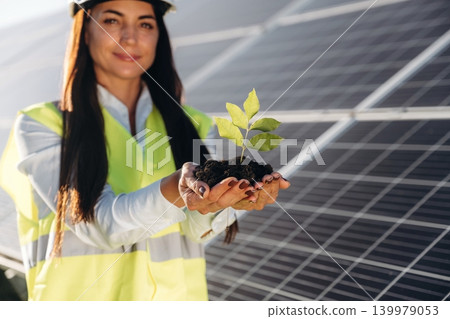 Fresh plant sprout holding in hands. Female solar engineer inspecting photovoltaic panels during outdoor maintenance work Fresh plant sprout holding in hands. Female solar engineer inspecting photovoltaic panels during outdoor maintenance work 139979053