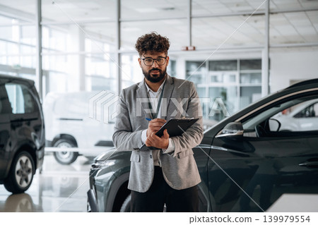Standing, front view. Confident car salesman using digital tablet inside modern showroom Standing, front view. Confident car salesman using digital tablet inside modern showroom 139979554
