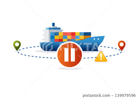 Global Shipping Delay and Supply Chain Disruption with Cargo Ship Pause Symbol Global Shipping Delay and Supply Chain Disruption with Cargo Ship Pause Symbol 139979596