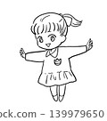 A line drawing of a schoolgirl in uniform, smiling cheerfully with her arms outstretched. 139979650