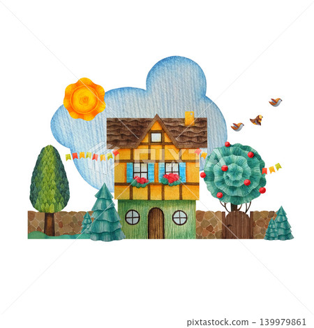 House, trees, grass, cloud, sun, birds, flags, fence on white background Watercolor illustration in a childish simple style. Package invitation prints for children's dishes, toys, clothes, books games House, trees, grass, cloud, sun, birds, flags, fence on white background Watercolor illustration in a childish simple style. Package invitation prints for children's dishes, toys, clothes, books games 139979861