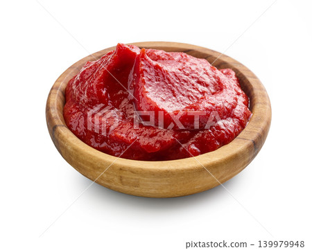 Tomato Sauce or Ketchup in a wooden Bowl Isolated on White Background Tomato Sauce or Ketchup in a wooden Bowl Isolated on White Background 139979948