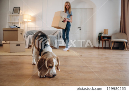 Young girl is moving into new home with her dog Young girl is moving into new home with her dog 139980263