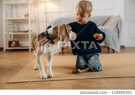 Cute little boy playing with dog at home on the floor Cute little boy playing with dog at home on the floor 139980305
