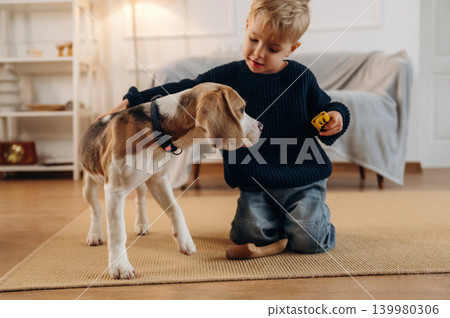 Cute little boy playing with dog at home on the floor 139980306