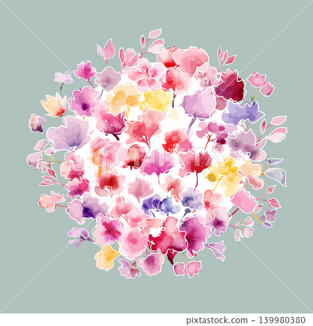 Round object with watercolor flowers. Greenery and red flowers, Round banner, watercolor tiny floral elements . Hand drawn. Not AI, vector illustration. Round object with watercolor flowers. Greenery and red flowers, Round banner, watercolor tiny floral elements . Hand drawn. Not AI, vector illustration. 139980380