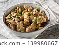 Delicious chicken gizzards cooked with mushrooms and onions close-up in a bowl. Horizontal 139980667