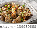 Slow-cooked chicken gizzards with mushrooms and onions close-up in a bowl. Horizontal 139980668