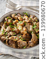 Fried chicken gizzards with mushrooms and onions close-up in a bowl. Vertical 139980670