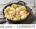 Stewed new potatoes in a creamy mushroom sauce with bacon and breadcrumbs close-up in a frying pan. Horizontal 139980678