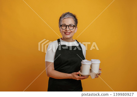 Smiling woman with short gray hair wearing black apron holds two coffee cups against bright yellow background, showcasing barista skills and friendly service 139980927