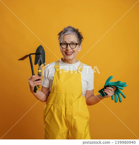Confident woman in yellow overalls holds gardening tools, showcasing enthusiasm for gardening and outdoor activities against a vibrant yellow background Confident woman in yellow overalls holds gardening tools, showcasing enthusiasm for gardening and outdoor activities against a vibrant yellow background 139980940
