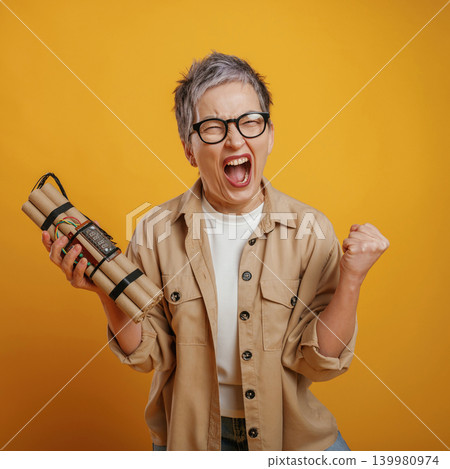 Excited woman with short gray hair holding dynamite sticks, expressing joy and enthusiasm against a vibrant yellow background, showcasing a bold and energetic concept Excited woman with short gray hair holding dynamite sticks, expressing joy and enthusiasm against a vibrant yellow background, showcasing a bold and energetic concept 139980974