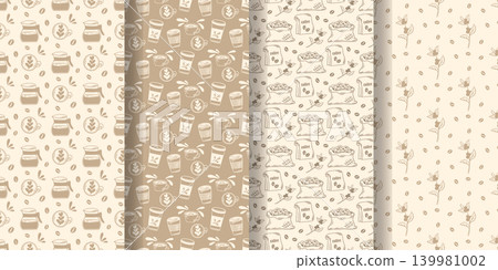 Set of seamless beige patterns with coffee theme Set of seamless beige patterns with coffee theme 139981002