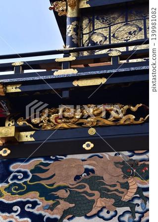 Inuyama City, Aichi Prefecture, Japan: A float called a "Kurumayama" at the Inuyama Festival in spring. It features beautifully colored dragon textiles and golden dragon decorations. Inuyama City, Aichi Prefecture, Japan: A float called a "Kurumayama" at the Inuyama Festival in spring. It features beautifully colored dragon textiles and golden dragon decorations. 139981082