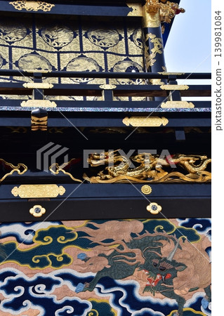 Inuyama City, Aichi Prefecture, Japan: A float called a "Kurumayama" at the Inuyama Festival in spring. It features beautifully colored dragon textiles and golden dragon decorations. Inuyama City, Aichi Prefecture, Japan: A float called a "Kurumayama" at the Inuyama Festival in spring. It features beautifully colored dragon textiles and golden dragon decorations. 139981084
