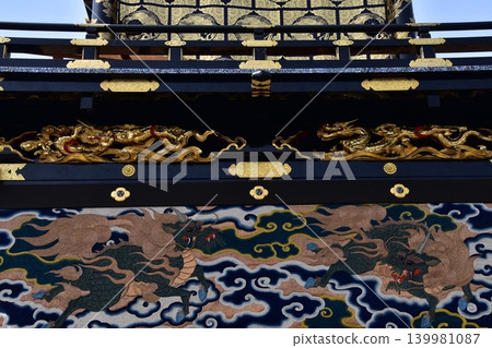 Inuyama City, Aichi Prefecture, Japan: A float called a "Kurumayama" at the Inuyama Festival in spring. It features beautifully colored dragon textiles and golden dragon decorations. Inuyama City, Aichi Prefecture, Japan: A float called a "Kurumayama" at the Inuyama Festival in spring. It features beautifully colored dragon textiles and golden dragon decorations. 139981087