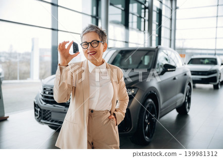 Confident woman in stylish suit holding car keys, standing in modern showroom with luxury vehicles, showcasing automotive sales and customer service experience Confident woman in stylish suit holding car keys, standing in modern showroom with luxury vehicles, showcasing automotive sales and customer service experience 139981312
