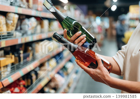 Woman selecting between two bottles of sparkling wine in a grocery store aisle, showcasing vibrant colors and product variety in a retail environment Woman selecting between two bottles of sparkling wine in a grocery store aisle, showcasing vibrant colors and product variety in a retail environment 139981585