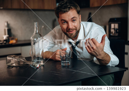 Man with beard is sitting at a kitchen table, gesturing while holding a glass, surrounded by empty bottles, conveying a moment of reflection on alcohol consumption Man with beard is sitting at a kitchen table, gesturing while holding a glass, surrounded by empty bottles, conveying a moment of reflection on alcohol consumption 139981923
