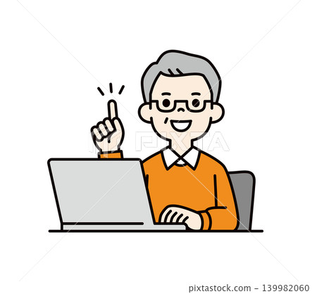 一位老人/爺爺一邊操作電腦一邊講解重點的向量插圖。 139982060