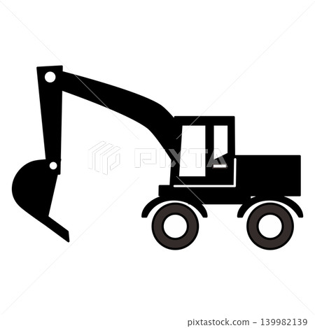 Black and white illustration of an excavator (with tires) Black and white illustration of an excavator (with tires) 139982139