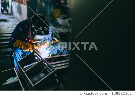 Metalworks, Skill handcraft worker using TIG Welding ,Copy space for Engineering text advertising Metalworks, Skill handcraft worker using TIG Welding ,Copy space for Engineering text advertising 139982162