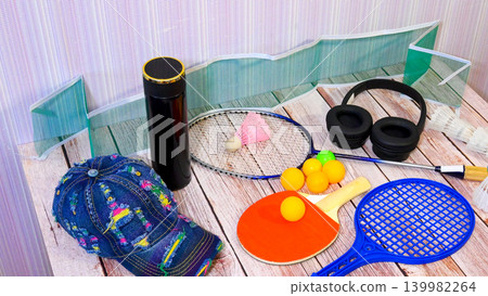 badminton and ping-pong rackets with balls on wooden table badminton and ping-pong rackets with balls on wooden table 139982264