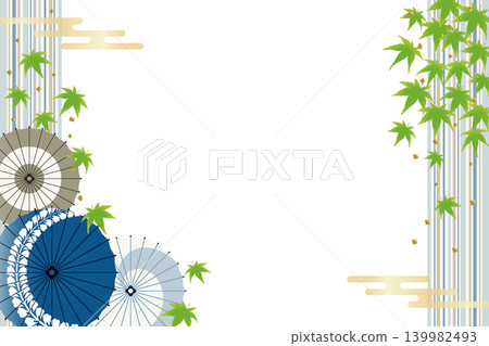 日式框架材質，飾以綠色楓葉和日式雨傘圖案（夏季） 139982493