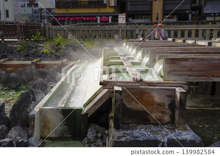 Steam rising from the Yubatake hot spring area of Kusatsu Onsen. Steam rising from the Yubatake hot spring area of Kusatsu Onsen. 139982584